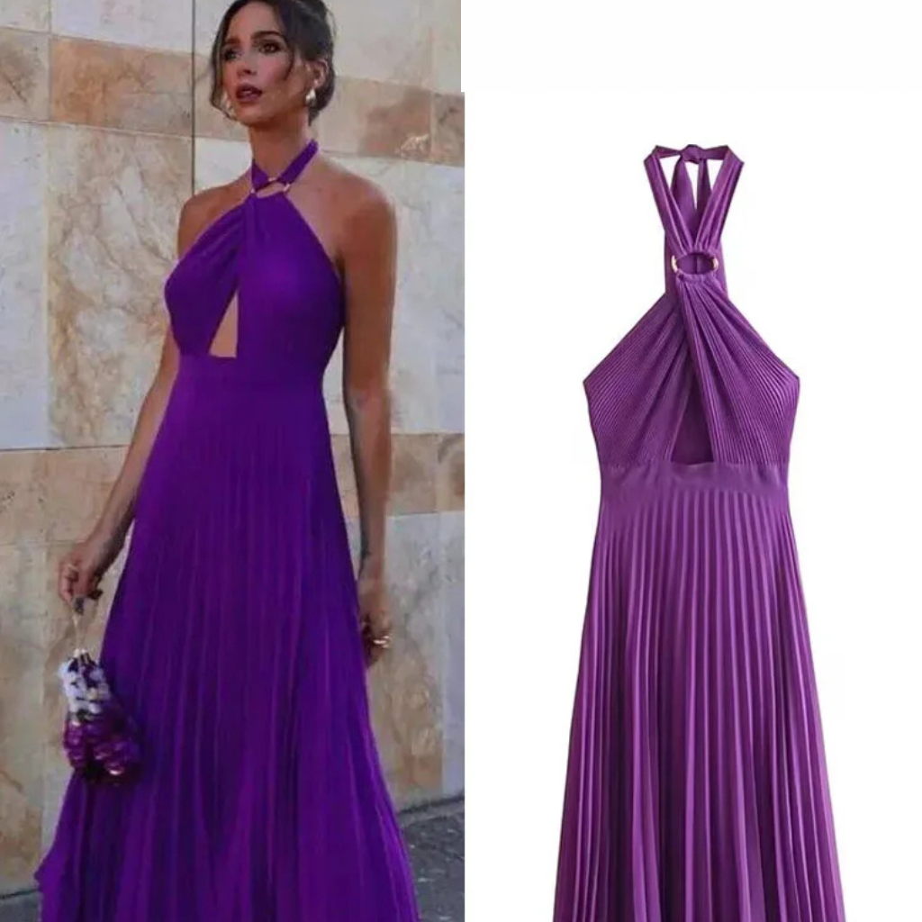 Vestido Plissado Sem Costas Liz Roxo – Elegância e Modernidade em Uma Só Peça