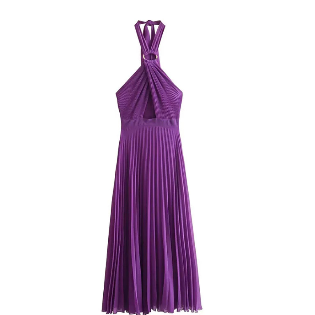 Vestido Plissado Sem Costas Liz Roxo – Elegância e Modernidade em Uma Só Peça