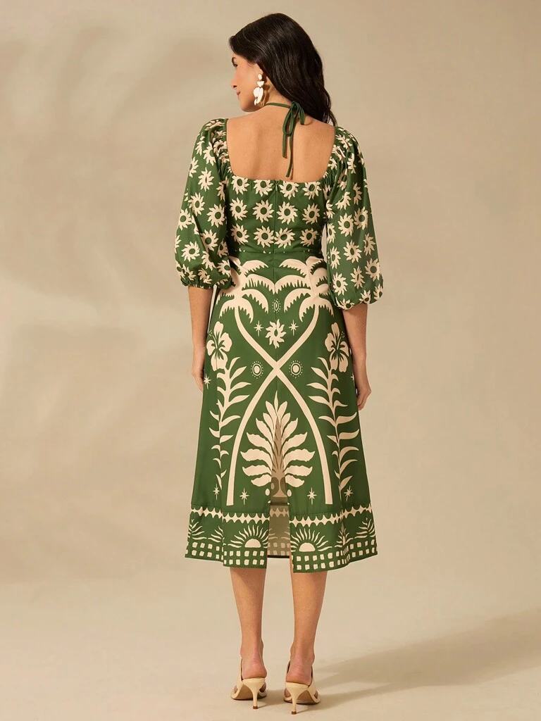 Vestido Curto Amalfi – Manga Bufante Verde Floral