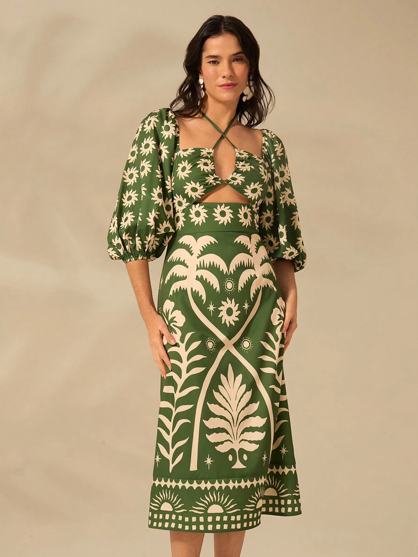 Vestido Curto Amalfi – Manga Bufante Verde Floral